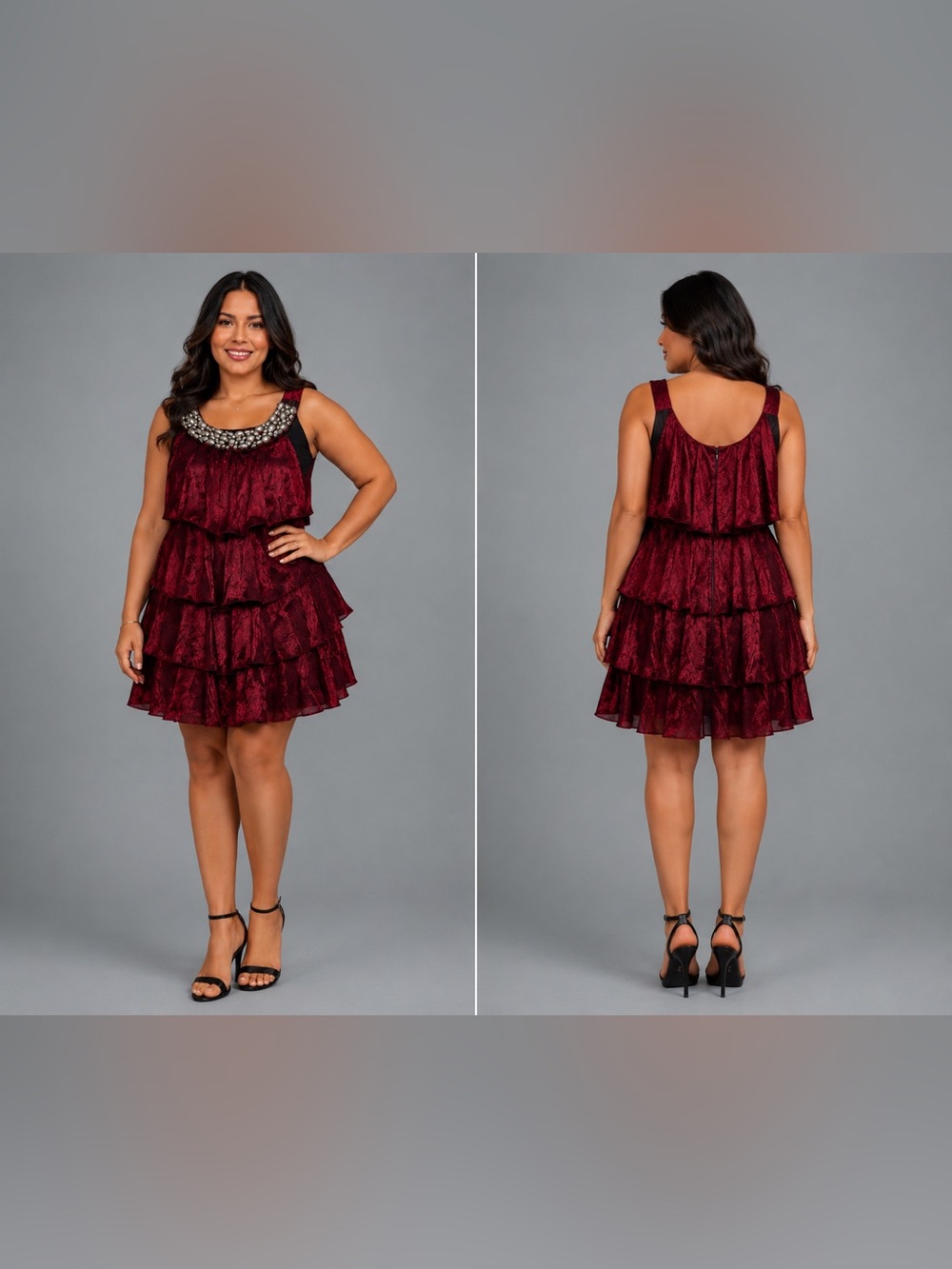 dressbarn Red Layered Ruffle Tank with Beaded Neckline